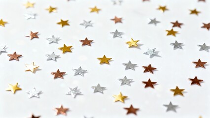 A close-up view of scattered metallic star-shaped confetti in various colors against a white background, creating a festive and decorative pattern.