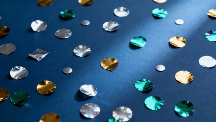 A close-up view of scattered, reflective, colorful circular objects on a dark surface, illuminated by a diagonal light source.