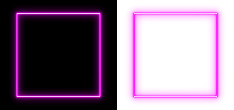Glowing pink neon square on black and transparent background, futuristic geometric light frame, minimal luminous design