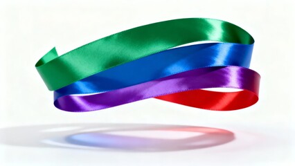 A vibrant composition of interwoven green, blue, purple, and red ribbons against a clean white background, showcasing fluid motion and rich textures.