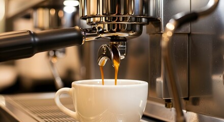 Aromatic espresso streams into a white mug, captured with professional detail. Perfect for cafe menus, social media, and commercial promotions. Fresh, inviting, and delicious.