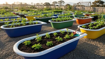 Colorful Bathtub Garden Upcycled Tubs Filled with Young Plants on Gravel Ground