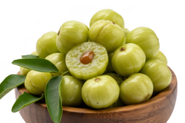 Bowl of fresh indian gooseberries isolated on transparent background