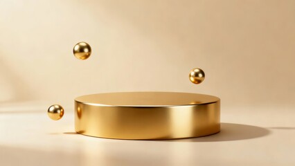 A minimalist composition featuring a golden cylindrical pedestal with floating metallic spheres against a soft, neutral background.