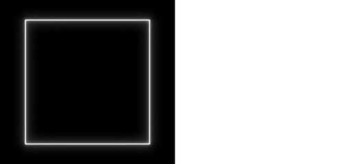 Glowing white neon square on black and transparent background, futuristic geometric light frame, minimal luminous design