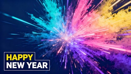 Vibrant New Year's celebration graphic featuring a dynamic burst of colorful light and particles, symbolizing joy and festivity.