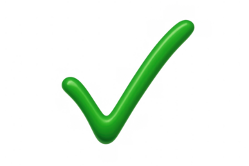 Glossy green 3d check mark icon symbolizing agreement, correctness, completion, and positive feedback. Transparent background