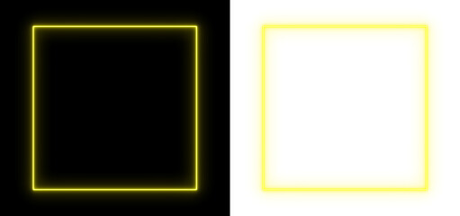 Glowing yellow neon square on black and transparent background, futuristic geometric light frame, minimal luminous design