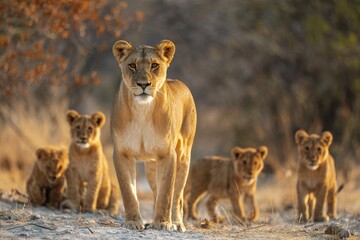 Fototapeta premium Majestic Lioness and Cubs in the Golden Light of Africa
