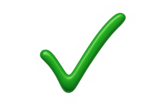 Glossy green 3d check mark icon symbolizing agreement, correctness, completion, and positive feedback. Transparent background