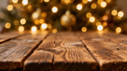 A rustic wooden table in the foreground with a softly blurred Christmas tree adorned with warm, glowing lights in the background, evoking a cozy holiday atmosphere.