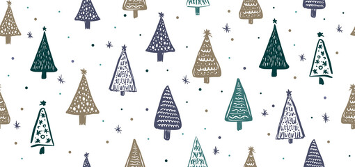 Christmas white tree pattern on white, hand drawn illustration on white	
