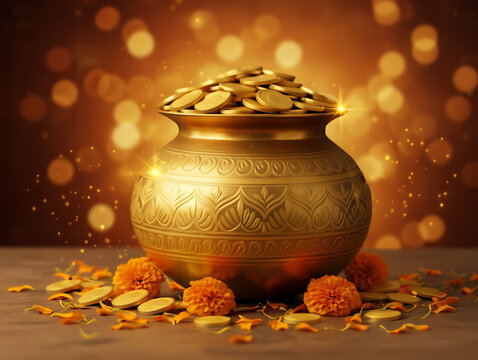 A traditional pot overflowing with gold coins for Dhanteras, surrounded by marigold flowers on a table with a warm bokeh background.