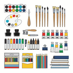Fototapeta premium Set of painting tools and art supplies in flat style, including brushes, paint tubes, pencils, ink, watercolor, markers, palette, crayons, and sketchbook. Hand drawn vector illustration.