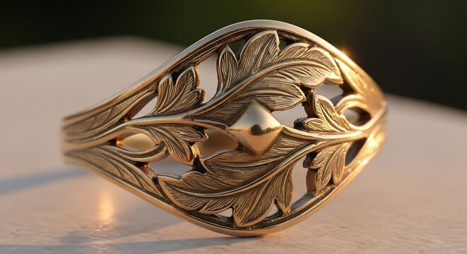 Intricate Gold Ring with Leaf and Acorn Design.