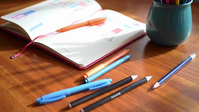 Open Daily Planner With Colorful Pens and Pencils On A Wooden Table With Natural Light