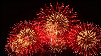 Vibrant display of red and gold fireworks bursting in the night sky, creating a dazzling spectacle.
