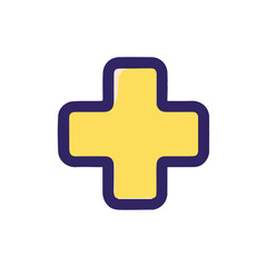 Obraz premium Simple yellow plus sign icon with a bold outline. Vector graphic of a medical cross symbol for first aid, healthcare, or addition