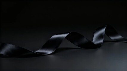 A sleek, black satin ribbon gracefully curves across a dark, reflective surface, creating an elegant and minimalist composition.