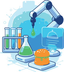 Future food lab vector illustration, depicting a robotic arm creating a burger using scientific equipment, symbolizing food technology and laboratory-grown meals