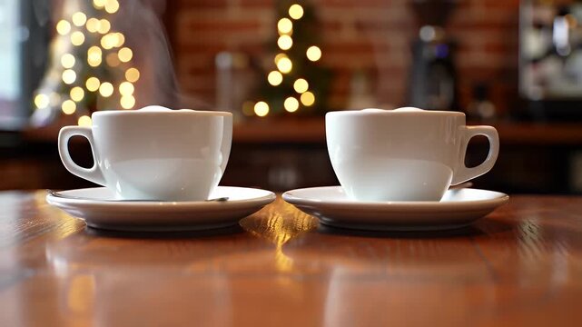 Two White Ceramic Coffee Cups Steaming Gently on a Wooden Table with Blurred Bokeh Christmas Lights and Brick Wall
