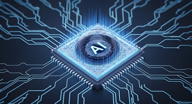 Glowing artificial intelligence chip at the center of a complex digital circuit board network