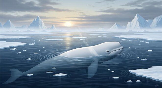 Graceful beluga whale swims through the icy arctic ocean at sunrise.