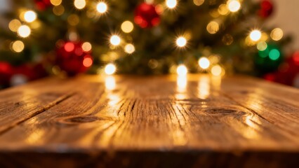 A warmly lit wooden table with a festive holiday background featuring blurred Christmas lights and ornaments.