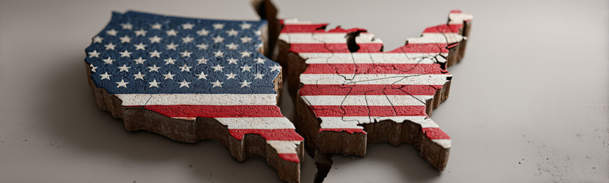 Divided Nation: A conceptual representation of a fractured USA, with a split map, US flag imagery and a weathered, tactile aesthetic, symbolising division, disunity and political polarization