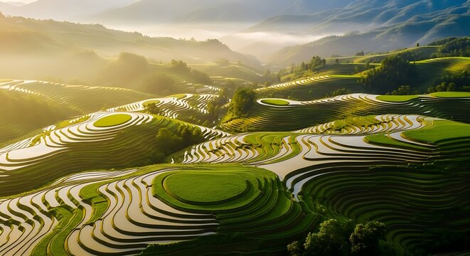 Lush Rice Terraces in Asia at Sunrise with Mist.