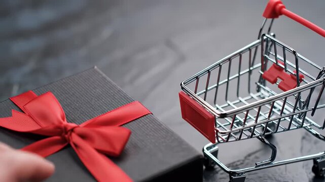 Black Gift Box With Red Ribbon Beside Miniature Shopping Cart On Dark Textured Surface