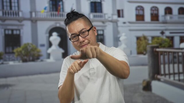Man wearing glasses and white polo, finger pointing to camera in front of building on a street, pointing finger extended; direct confidence.