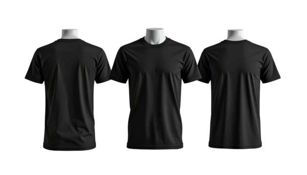 Three black t-shirts on mannequins, one facing forward, two showing front/back view, on a black isolated background