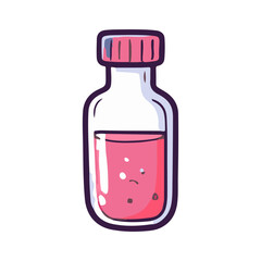 A small glass bottle filled with a sparkling pink chemical liquid. Vector icon of a medical syrup, scientific cure, or magical elixir isolated on white