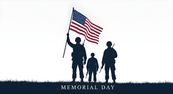 Silhouettes of three soldiers standing proudly holding an american flag on memorial day