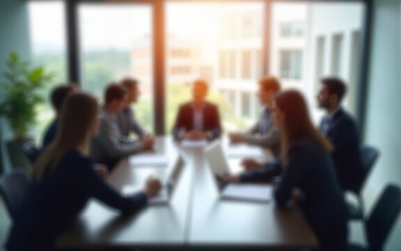 Blurred diverse business people meet in conference room. Corporate team sitting at table at seminar, discussing financial strategy, marketing plans. Blurred office interior, window view for