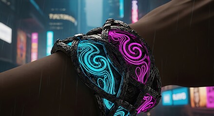 Futuristic glowing wristband with intricate patterns in a neon city.