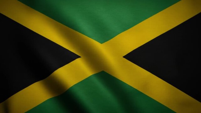 Waving Jamaican flag with dynamic shadows for national pride, travel, and cultural identity