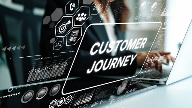 Detailed Concept of Customer Journey with Digital Graphs and Business Elements Exhibited on a Laptop Screen. Asymptotic smart data analytic.