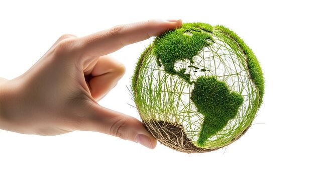 A hand pinches a globe with grass continents inside a thin wire frame set against a stark white background