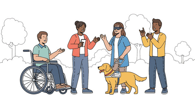 Illustration of diverse people with one in a wheelchair and one with a guide dog communicating in sign language in a park-like setting.
