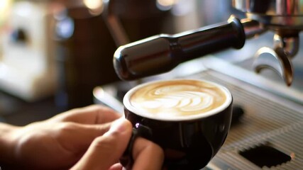 Artisanal coffee preparation with intricate latte art design, barista craftsmanship and coffee - Powered by Adobe