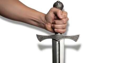 A hand tightly grips the ornate hilt of a sword casting a shadow on a white surface