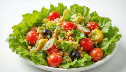 Fresh and healthy salad with tomatoes, olives, and lettuce on a white plate