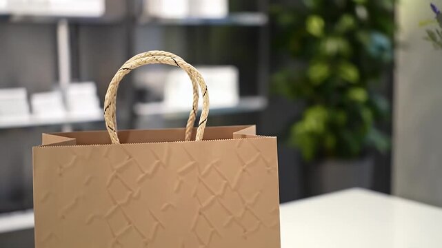 Brown Paper Shopping Bag with Rope Handles and Embossed Pattern in Retail Store Interior
