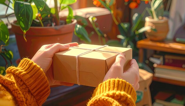 Hands Unboxing a Gift Parcel in Cozy, Sunlit Room