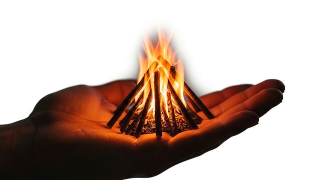 A burning miniature campfire sits in the palm of a hand