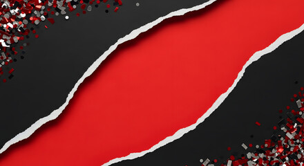Torn Black Paper with Red Background and Confetti Border for Festive Design