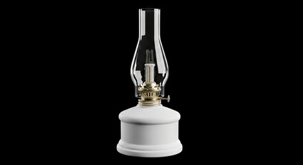 A clear oil lamp with a white base stands out against a stark black background