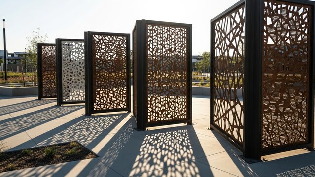 Modern Outdoor Decorative Screens Casting Intricate Shadows on Concrete Plaza